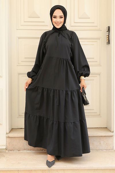 Neva Style Rochie din popelin hijab neagră cu mânecă cu balon 57349s