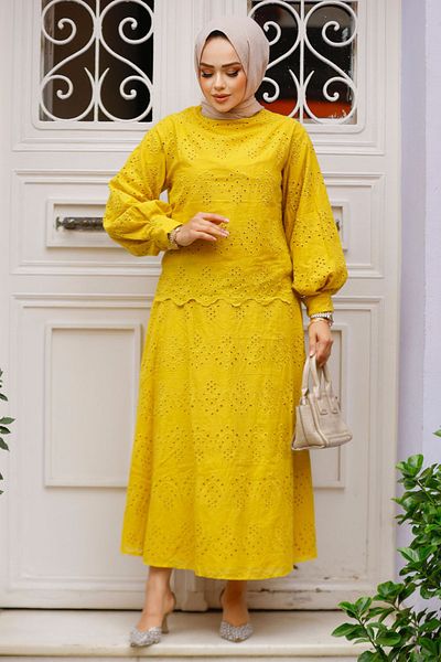 Neva Style Double Suit with Laced Mustard Hijab Skirt 14181Hr