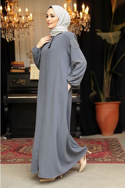 Neva Style Gray Hijab Ferace with Bead Embroidered Sleeves 62701GR