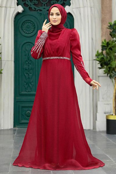 Neva Style Rochie de seara musulmana burgundy brodata cu margele 25854br