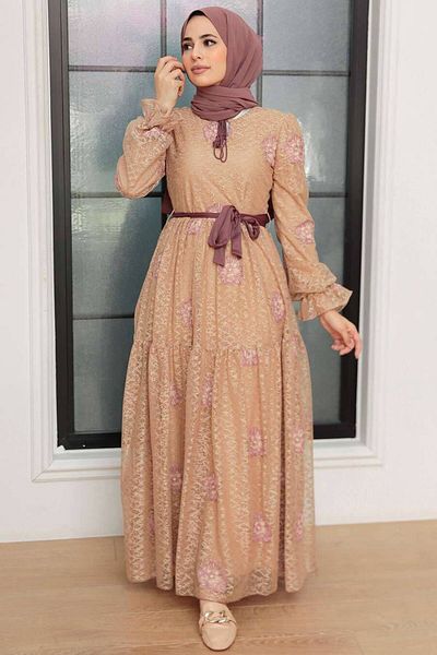 Neva Style Rochie Hijab Biscuit cu Motiv Floral 1216bs