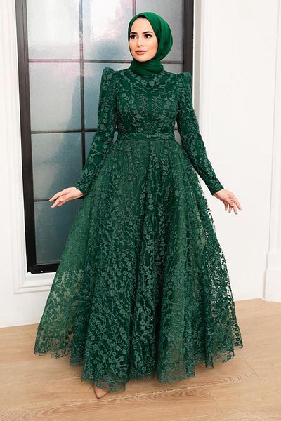 Neva Style فستان سهرة حجاب أخضر لاسي 22780y