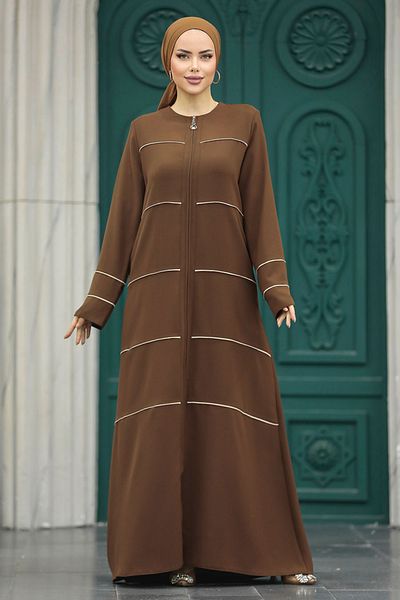 Neva Style فستان حجاب بني بتفاصيل مخططة 20044kh