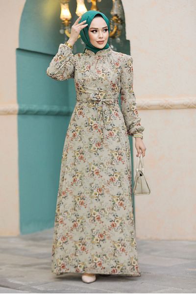 Neva Style - Rochie Hijab Bej cu Motiv Floral 27947bej