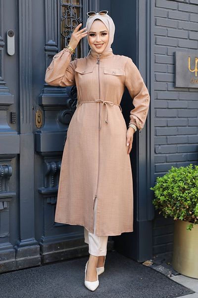 Neva Style Καμηλό Hijab Τουνίκ με κουμπί 645c