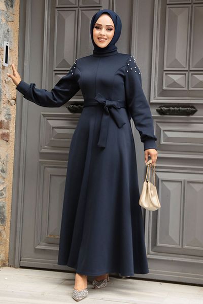 Neva Style Μπλε ναυτικό κεντημένο φόρεμα Hijab - 23631L