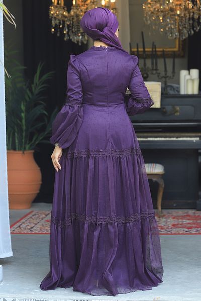 Neva Style Lace Detailed Purple Hijab Evening Dress 2335Purple