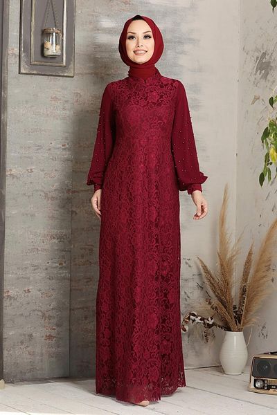 Neva Style Rochie de seara cu hijab - Rochie de seara musulmana din dantela burgundy 5006br
