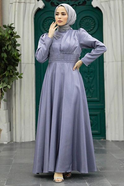 Neva Style Rochie de seara cu hijab - Rochie de seara hijab gri satinat 22301gr