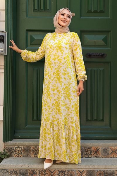 Neva Style Oil Green Patterned Hijab Dress - 15728YY