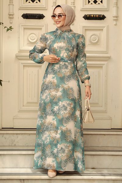 Neva Style Floral Patterned Green Hijab Dress 27944Cy