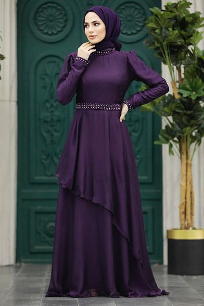 Neva Style Pearl Detailed Plum Hijab Evening Dress 22223Mu