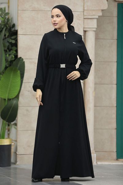 Neva Style Ferace hijab negru cu centură cu cataramă 20082s