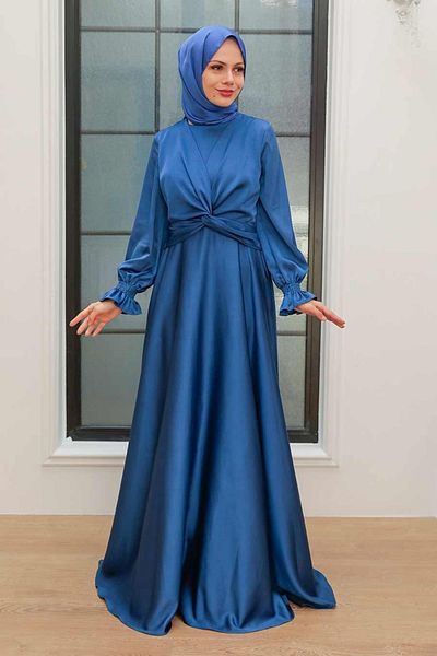 Neva Style Βραδινό φόρεμα Crepe Satin Indigo Blue Hijab 3389ım