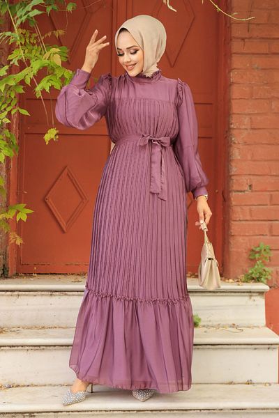 Neva Style Pleated Dusty Rose Hijab Dress 39651Gk