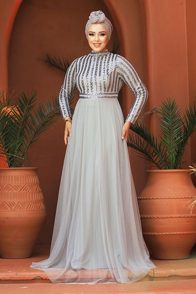 Neva Style Rochie de seara Hijab - Rochie de seara Hijab gri cu paiete 5338gr