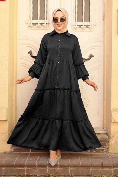 Neva Style Rochie neagră plisată cu hijab 5884s