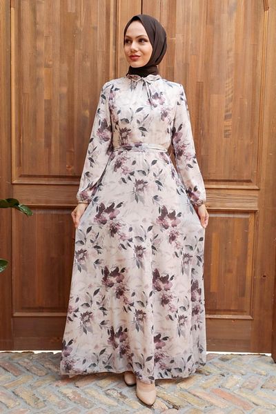 Neva Style Floral Patterned Beige Hijab Dress 279014Beige