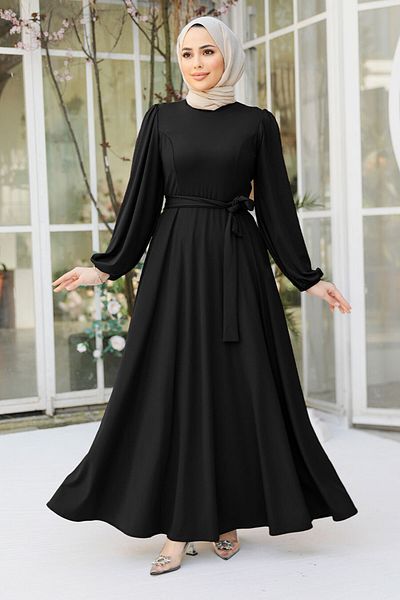 Neva Style Rochie Hijab neagră cu centură 23101S
