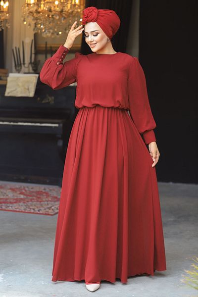 Neva Style Rochie de seara Hijab - Rochie de seara Hijab bordeaux cu maneci din dantela 54030br