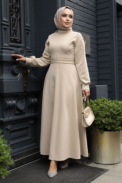 Neva Style Rochie Hijab Bej Brodat cu margele - Maneci 23631BEJ