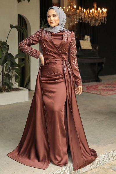 Neva Style Brown Hijab Satin Evening Dress with Tail 43381Kh