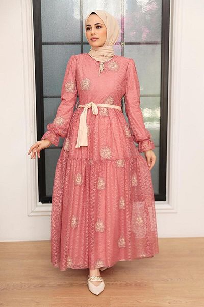 Neva Style Floral Patterned Dark Salmon Hijab Dress 1216Ksmn