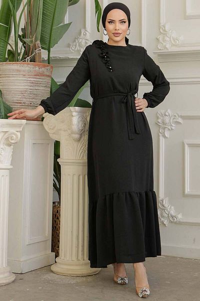 Neva Style Rochie Hijab neagră cu centură 659s