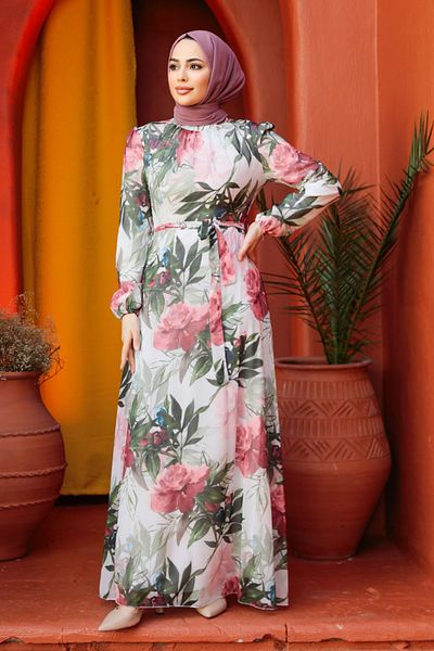 Neva Style Φόρεμα Hijab Ecru με σχέδιο λουλουδιών 27932e
