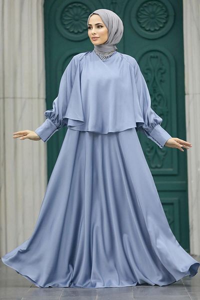 Neva Style Rochie de seara Hijab cu pelerina albastra 6051m