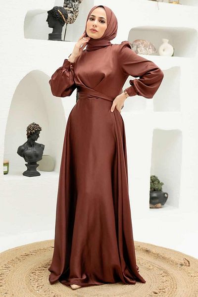 Neva Style Brown Hijab Evening Dress with Binding Detail 3064Kh