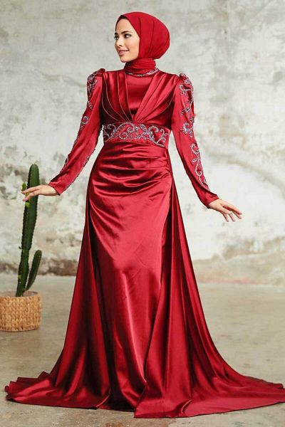 Neva Style Burgundy Satin Hijab Evening Dress with Tail 2282Br