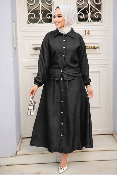 Neva Style Buttoned Black Hijab Skirt Double Suit 20271S
