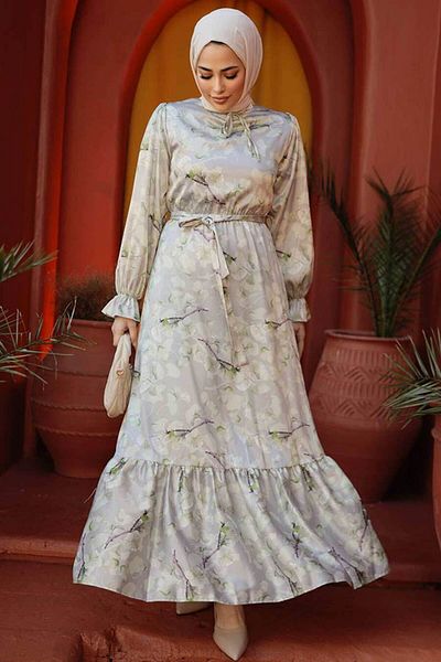 Neva Style Φόρεμα Hijab με λουλουδάτο πράσινο φιστίκι 60901FY