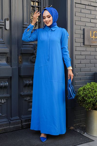 Neva Style Rochie Hijab Albastră - Detaliu Nasturi, Model 12501M