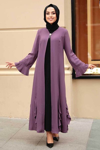 Neva Style Ruffle Detailed Dusty Rose Hijab Abaya 1535Gk