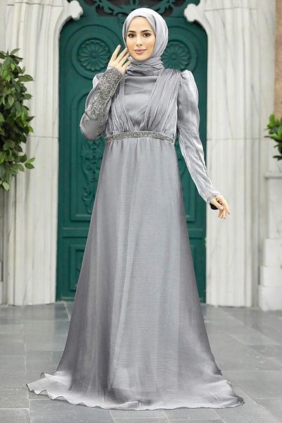 Neva Style Rochie de seara Hijab - Rochie de seara Hijab afumat brodata cu margele 25854fu
