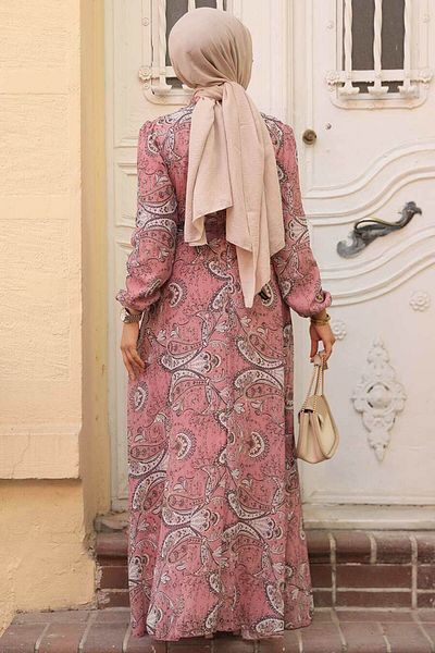 Neva Style Floral Patterned Powder Hijab Dress 279081 Pd