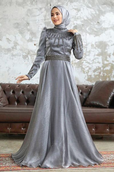 Neva Style Rochie de seara Hijab - Rochie de seara Hijab gri cu broderie de margele 3774gr