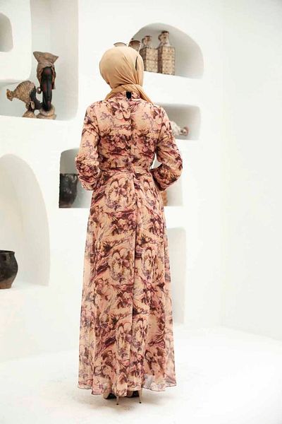Neva Style Rochie Hijab Bej cu Motiv Floral 279057bej