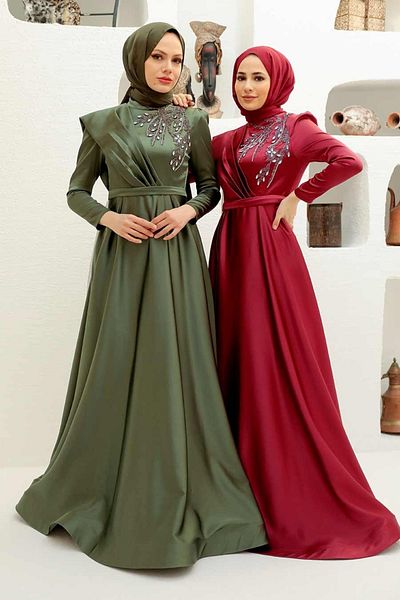 Neva Style Rochie de seara musulmana burgundy brodata cu margele 22441br