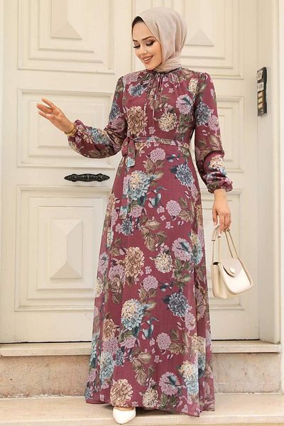 Neva Style Floral Patterned Dark Rose Hijab Dress 279083 Kgk