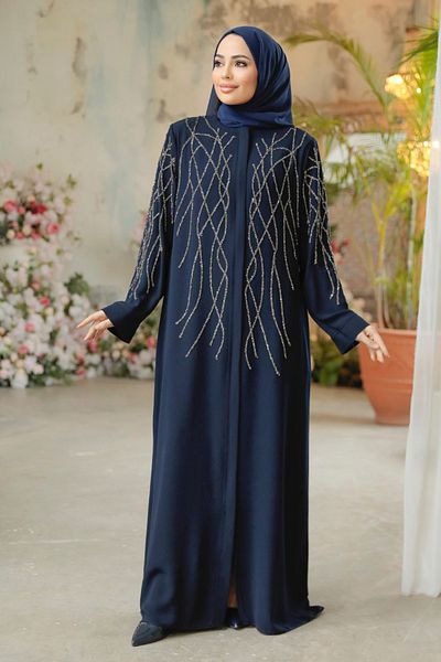 Neva Style Χάντρες Κεντημένη Σκούρο Μπλε Hijab Ferace 29102L