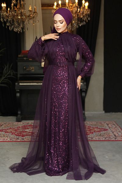 Neva Style Rochie de seara Hijab - Rochie de seara Hijab din Prune Paiete 5441mu