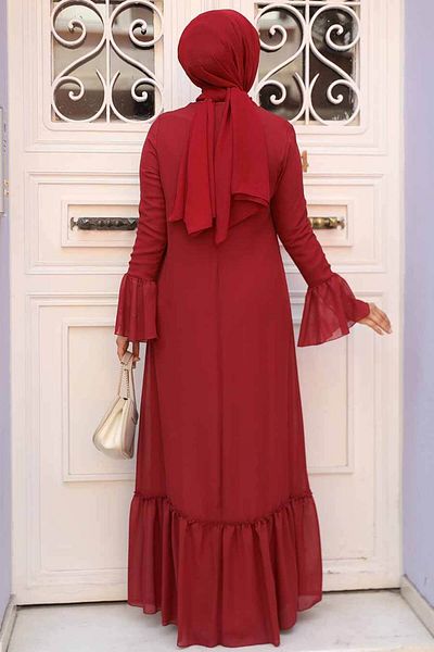 Neva Style Rochie Hijab Roșu Claret cu mâneci 5729br