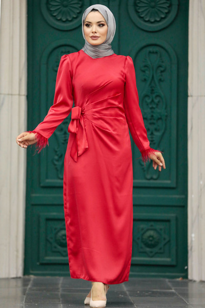 Neva Style Drape Detailed Red Hijab Satin Evening Dress 5921K