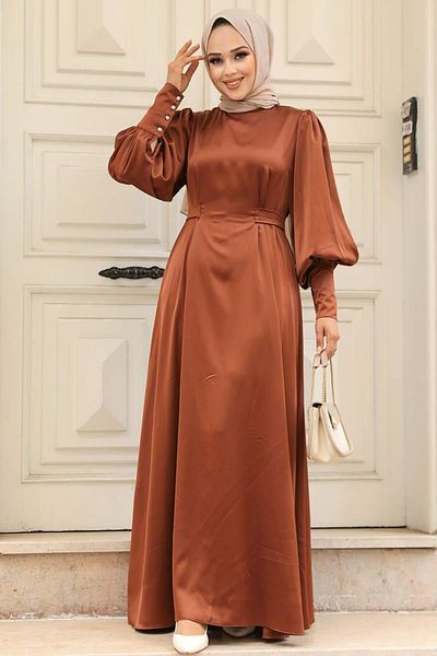 Neva Style Μπαλόνι μανίκι καφέ Hijab Σατέν Βραδινό Φόρεμα 61031kh