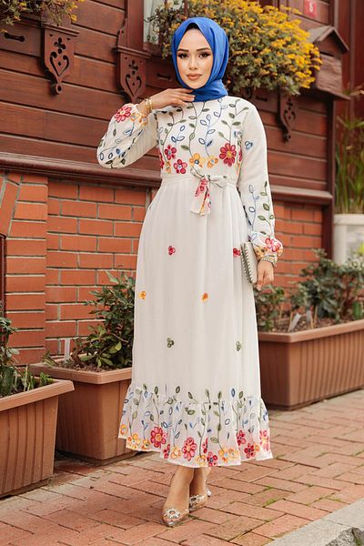 Neva Style Rochie Hijab albă cu imprimeu floral 23232B
