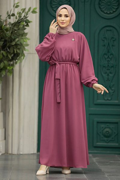 Neva Style Belted Dusty Rose Hijab Dress 89621Gk