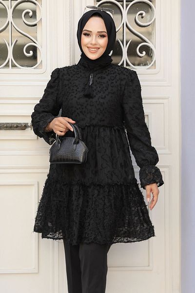 Neva Style تونيك حجاب أسود - طبقة مطوية، موديل 13921S